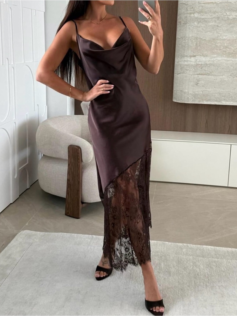 Satin & Lace Slip Dress in Chocolate Brown